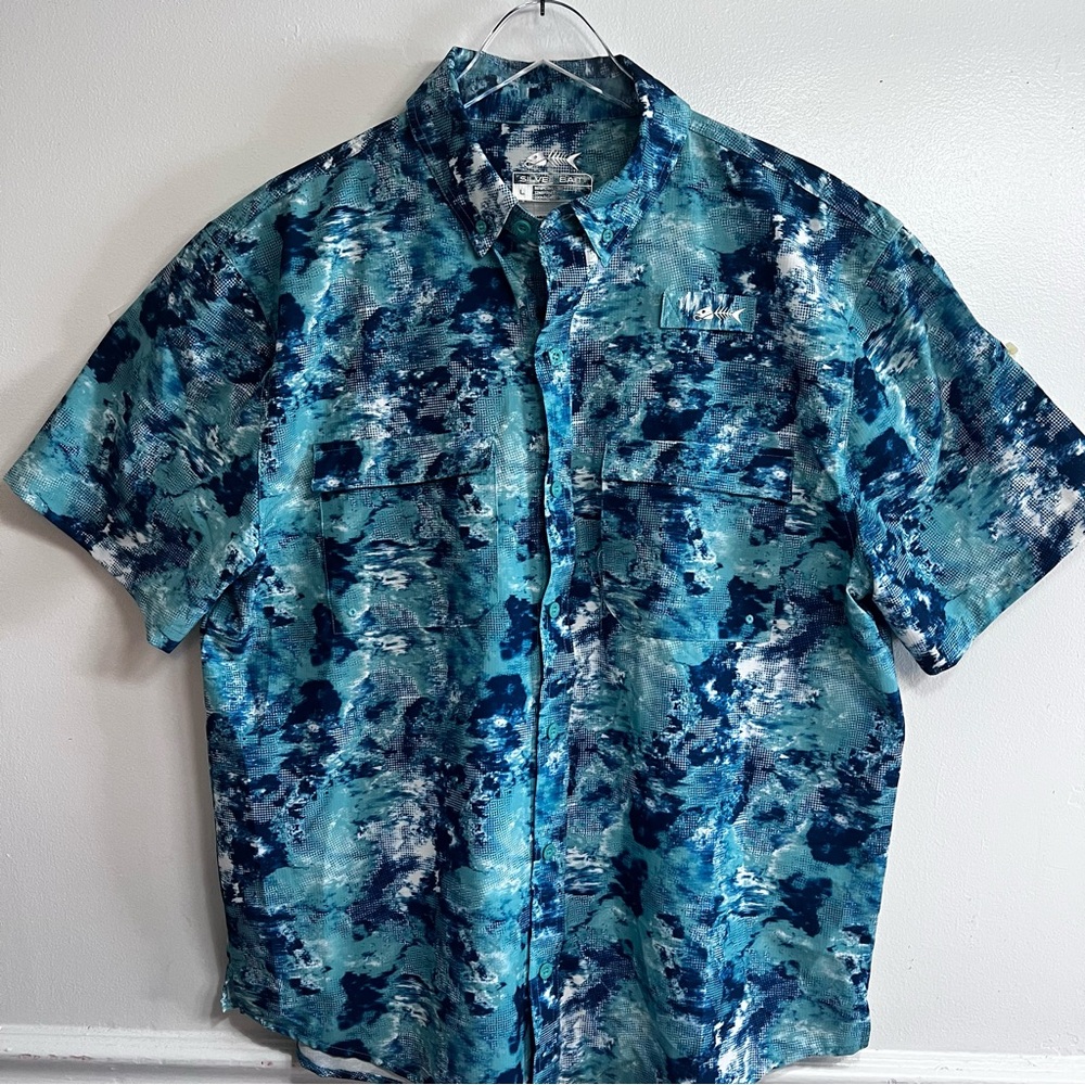 Silver Bait Teal Water Camo Fishing Shirt L Vented Performance Outdoor Shirt
